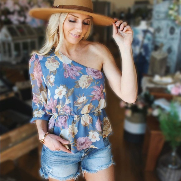 Free To Go One Shoulder Blouse-Blue - Picture 5 of 6